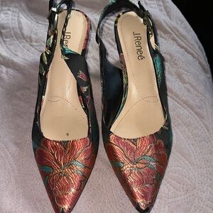 J.Reneé Metallic Floral Pointed Slingback Mules in Copper and Teal